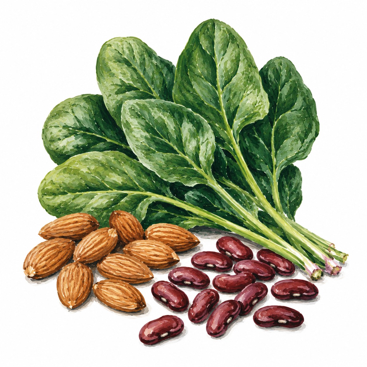 Watercolour illustration of almonds, spinach leaves, and kidney beans