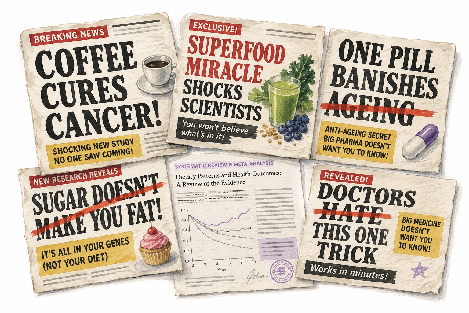 Collage of tabloid-style health headlines making exaggerated claims