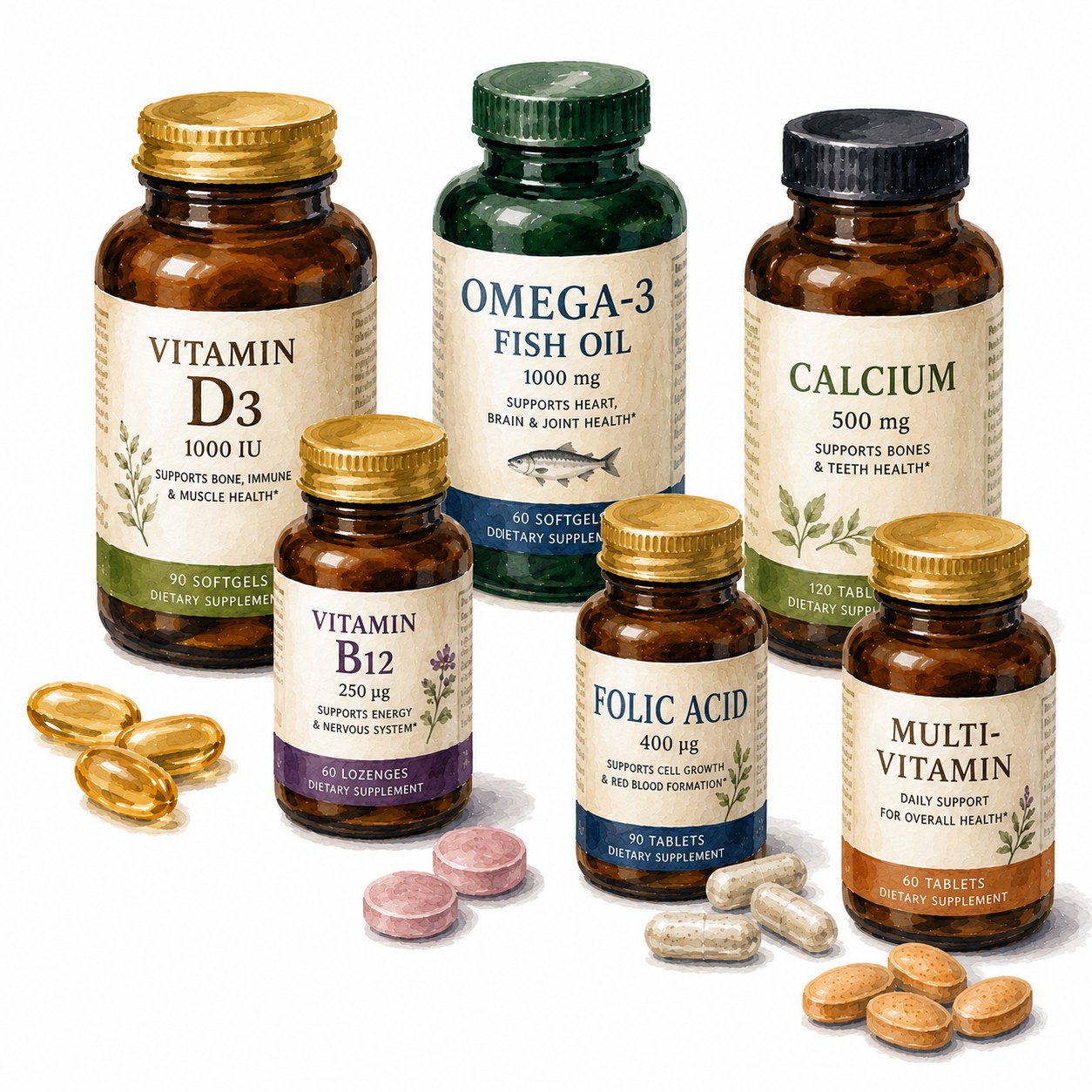 Watercolour illustration of vitamin and supplement bottles